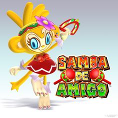 a cartoon character holding a candy cane in front of the words samba be amigo