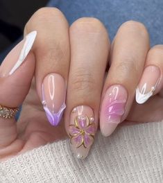 Old Lady Nails Designs, Manicure Ideas Summer 2024, Rapunzel Nails Acrylic, Almond Nails Designs Summer 2024, Rapunzel Nails, Cancun Nails, Almond Acrylic Nails Designs