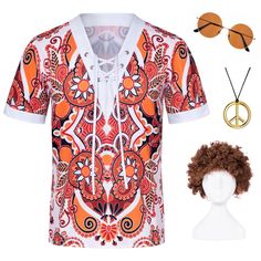 PRICES MAY VARY. Hippie costume accessory set package includes:colorful hippie v-neck shirt*1,hippie wig*1,retro circle hippie sunglasses*1,gold peace sign hippie necklace*1,4 pcs set. Colorful men's hippie t-shirt material:polyester,well made,soft and comfy to the touch.Rich hippie accessories,enough for you to use,will bring you attractive charm. Abundant hippie accessories,classic hippie printing short sleeve shirt,brown retro circle hippie glasses,gold peace sign necklace,make you perfect 60 African Theme Party, Vintage Party Theme, Hippie Glasses, Hippie Sunglasses, Hippie Accessories, 70s Costume, Costume For Men, African Theme, Peace Sign Necklace