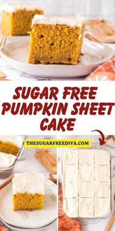 a collage of pictures showing how to make sugar free pumpkin sheet cake