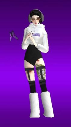 a woman in white shirt and black skirt with knee braces standing next to purple background