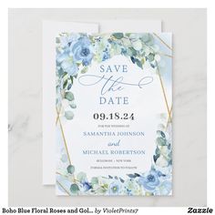 save the date card with blue flowers and greenery