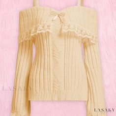 Lasaky - Womens Cold-Shoulder Sweater with Bow Detail, Elegant Solid Design with Delicate Lace Stitching and Sweetheart Neckline, Perfect Addition to Any Fashionable Wardrobe. Y2k Long Sleeve, Shein Outfits, Long Sleeve Jumper, Lace Sweater, Cold Shoulder Sweater, Sweater Collection, Off Shoulder Sweater, Kawaii Clothes, Y2k Streetwear