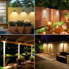 four different types of outdoor lighting in the night and on the day, including patio lights