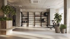 an empty room with potted plants and exercise equipment