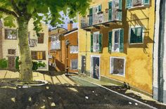 a watercolor painting of a street with buildings and green shutters on the windows