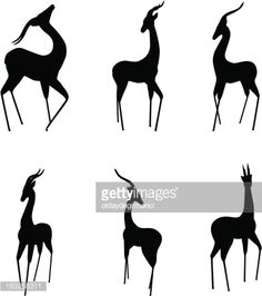 six silhouettes of giraffes in different positions and sizes on white background