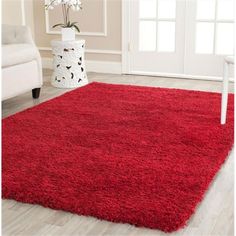 a red area rug in a living room