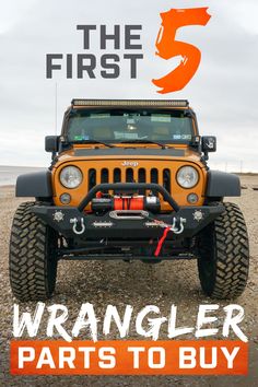 an orange jeep with the words wrangler parts to buy