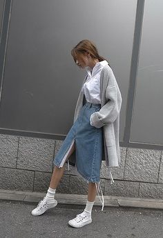 Long Jean Skirt Outfits, Long Jeans Skirt, Moda Ulzzang, Jean Skirt Outfits, Estilo Harajuku, Long Jean Skirt, Jeans Skirt, Ulzzang Fashion