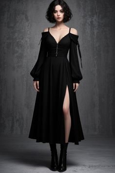 Goth Black Tie Dress, Necklace With High Neck Dress, Witchy Wedding Guest Outfit, Tarot Inspired Outfit, Villainess Aesthetic Outfit, Goth Girly Outfits, Long Dress Aesthetic Casual, Gothic Glam Outfit, Goth Outfits Romantic