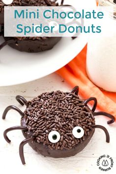 chocolate spider donuts with sprinkles on them and the words mini chocolate spider donuts