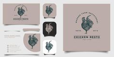 chicken restaurant logo and stationery design with business cards, envelopes and stickers