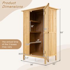 a wooden cabinet with measurements for the door and shelves on each side, showing how much space it has