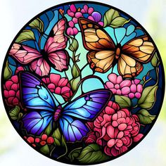 a stained glass window with butterflies and flowers