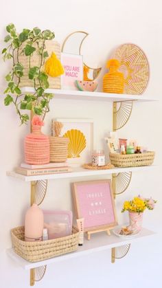 three shelves with different items on them and some plants in vases next to each other