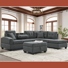 Oversized gray linen sectional sofa featuring an L-shape design, storage ottoman, and convenient cup holders. Linen Sectional, Couches Living, Couch Set, Modular Storage, Sectional Sofa Couch, Living Room Sets Furniture, Smart Storage, Modern Seating, Couch Furniture