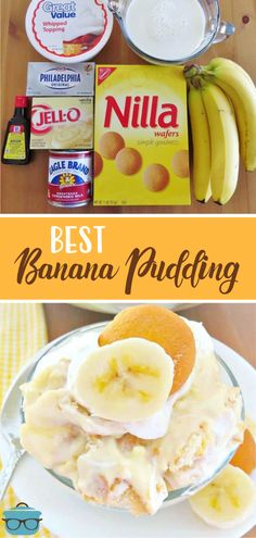 banana pudding recipe on a plate with bananas and milk