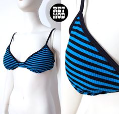 Fun Vintage 80s 90s Blue Black Stripe Bikini Top Please note that colors can vary from screen to screen, and in real life. Has stretch.  Bust 30-37" (Mannequin is size small with a large chest. She has a 34" bust.) Has underwire and thick padding for that epic cleavage look. Tag: Citrus / L / Made in USA / 45% Polyester, 43% Nylon, 12% Lycra Spandex Condition: 2 Condition Scale:  1-Immaculate Vintage Condition (Rare) 2-Unnoticeable Vintage Wear or Spots that are unphotographable 3-Small Noticeable Vintage Wear or Spots, as photographed 4-A Lot of Noticeable Vintage Wear or Spots, as photographed 5-Needs Repair or Work Womens Halter Tops, Fits Clothes, Emo Outfits, Halter Tops, Vintage Wear, Halloween Outfits, Black Stripes, Womens Clothing Tops, Favorite Outfit