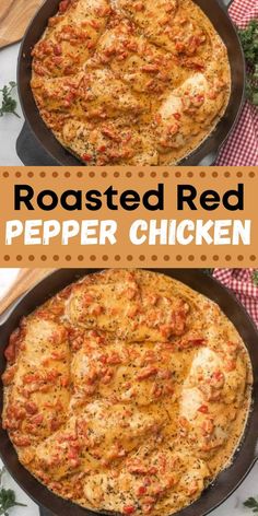 roasted red pepper chicken in a cast iron skillet with text overlay that reads roasted red pepper chicken