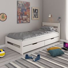 Astral Solid Wood Single Bed with Storage in White Single Bed With Storage, Wood Single Bed, Underbed Drawers, Bed Drawers, Under Bed Drawers, Bed Parts