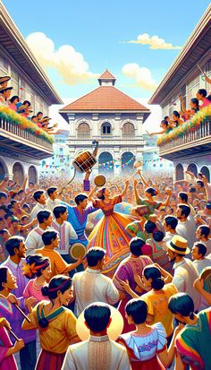 a painting of people dancing in front of a crowd