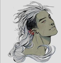 a drawing of a man with long white hair and red nose piercings on his ears