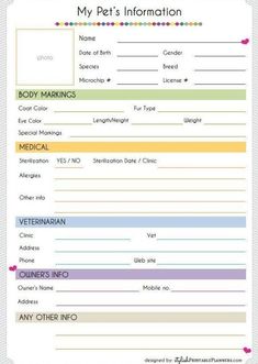 a printable pet information form with the words'my pet's information '