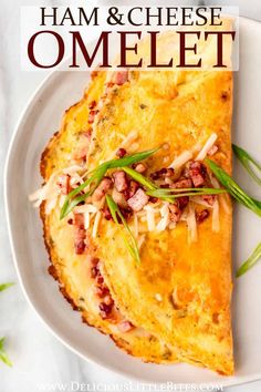 ham and cheese omelet on a white plate with green onions in the middle