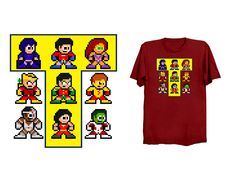 a t - shirt with an image of the characters from video games on it, next to some pixel art