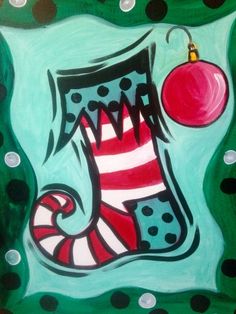 a painting of a christmas stocking ornament on a green background with polka dots