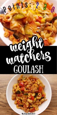 two different pictures with the words weight watchers goulash in white and black