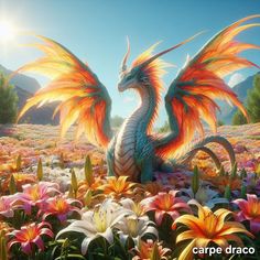 a dragon sitting on top of a field of flowers