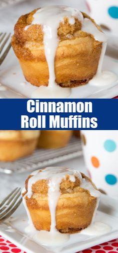 cinnamon roll muffins with icing on a plate