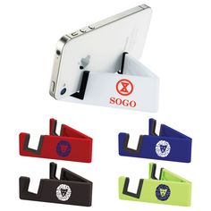 a cell phone holder with multiple colors and designs on it, including the logo for sogo