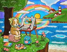 a painting is being displayed in front of a lake with a lighthouse and rainbow behind it