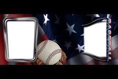 an american flag with baseballs on it and two white frames in the shape of usa's flag