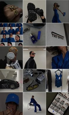 the collage shows many different images of people in blue outfits and accessories, including shoes, hats, sunglasses, clothing, and other items