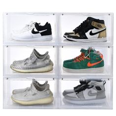 six pairs of sneakers in clear acrylic boxes