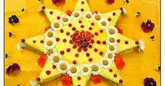 a yellow star with red and white decorations on it