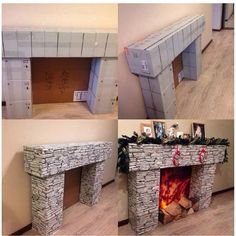 the fireplace is made out of cinder blocks