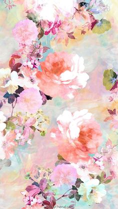 an abstract floral painting with pink, white and green flowers on a pastel background