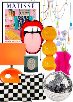 a collage of various items including a lamp, mirror ball, and other decorations