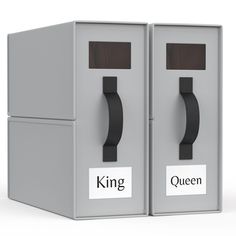 two boxes with the words king and queen written on them, one is gray and the other is black