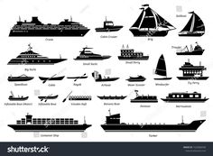 various types of ships and boats silhouettes on white background stock photo, royalty illustration