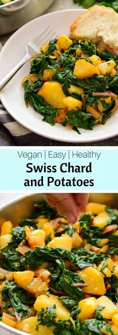 two pictures showing how to make swiss chard and potatoes