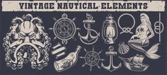 vintage nautical elements on black and white background