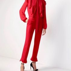 Never Worn Soiled On One Pant Leg Fitted Ruffle Bottoms For Work, Fitted Red Bottoms With Ruffles, Chic Formal Bottoms With Ruffles, Chic Ruffled Bottoms For Formal Occasions, Fitted Red Ruffled Bottoms, Formal Fitted Bottoms With Ruffles, Fall Workwear Pants With Ruffles, Fitted Ruffled Pants For Workwear, Fitted Ruffled Workwear Pants