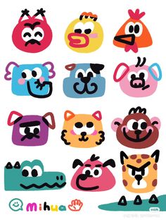 an assortment of cartoon faces with different facial expressions and shapes, including cats, dogs, and birds