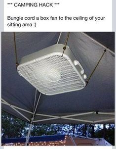 an image of a white air conditioner on top of a tent with the caption saying, camping hack